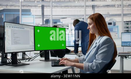 Green screen PC used by woman coding in microchip factory office. Female programmer using chroma key mockup computer to do software optimization in semiconductor manufacturing plant RD lab, camera A Stock Photo