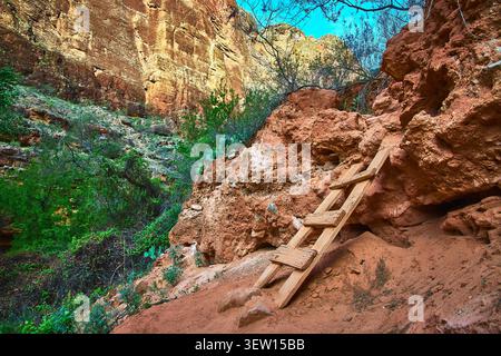 Wooden Ladder on Rocky Trail Among Red Canyon Walls and Lush Greenery Arizona Stock Photo