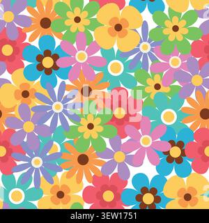 Retro 70s floral seamless pattern. Colorful groovy daisy flowers background. Cute hand drawn vector illustration for textile, wallpaper, wrapping paper, fabric print, stationery, 1960s hippie aesthetic. Stock Vector