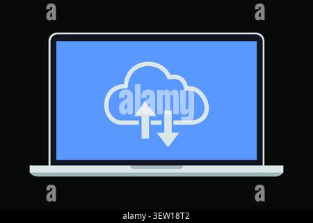 Business cloud sync and backup concept shown on a laptop screen with upload and download arrows, symbolizing data transfer, online storage, remote acc Stock Photo