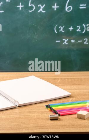 Blank spiral notebook, colored pencils, eraser and sharpener on a wooden desk with algebra equations on a green chalkboard. Stock Photo