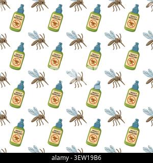 Seamless mosquito and insect repellent pattern on white background. Cartoon vector print.  Stock Vector