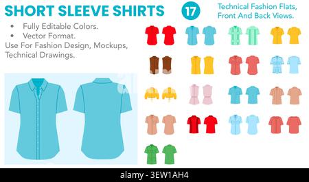 Short Sleeve Shirts collection featuring editable technical fashion flats with front and back views, color versions, shirt collars, button fronts and relaxed summer silhouettes. Vector illustration Stock Vector