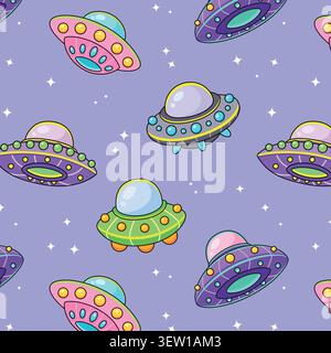 Cute UFO seamless pattern on isolated purple background. Cartoon alien spaceships and stars. Hand drawn vector illustration for kids fabric, nursery textiles, pajamas, wrapping paper, wallpaper. Stock Vector