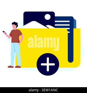 Flat vector illustration of mobile content management with media folders and digital assets, representing organization, storage, and online sharing. Stock Vector