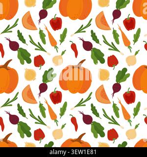 Simple flat vegetables seamless pattern. Colorful autumn harvest of pumpkin zucchini eggplant cucumber potato onion pepper tomato cabbage corn carrot Stock Vector