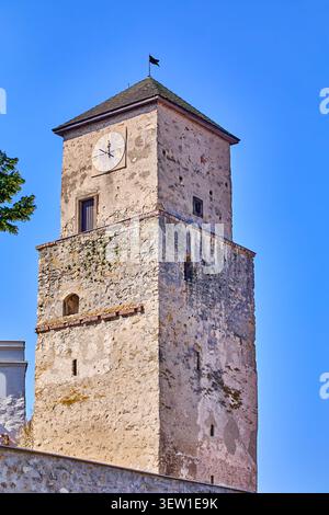 The Trencin Castle clock tower, middle of the 13th century, a square tower measuring 8 x 8 meters was built on the western side of the rotunda,Trencin Stock Photo
