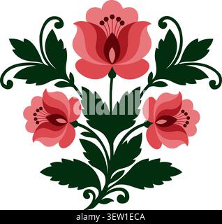 Folk art floral pattern with pink and red flowers and green leaves Stock Vector