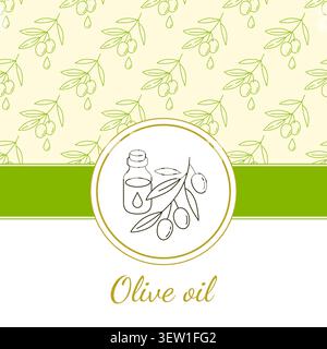 Olive Oil Label Template with Seamless Pattern and Line Art Vector Illustration Stock Vector