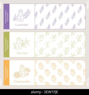 Essential oil labels with floral patterns with lavender, tea tree, chamomile Stock Vector