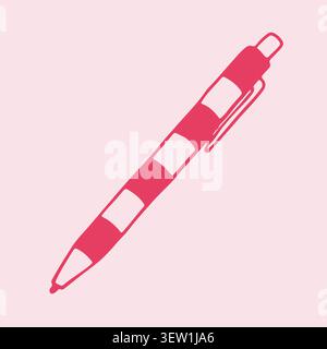 Hand drawn vector illustration of a pink checkered ballpoint pen. Cute stationery tool for writing and journaling. Aesthetic office accessory in Stock Vector