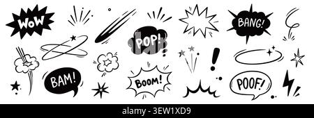 Comic cartoon line splash set. Hand drawn comic line splash effect with cartoon pop icon boom wow. Explosive speech bubble burst action motion explosion emphasis elements. Vector illustration Stock Vector