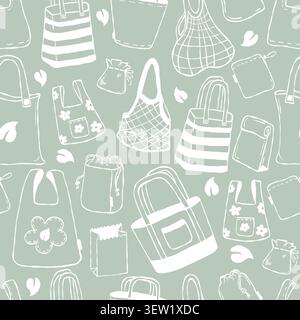 Seamless Pattern with Eco Bags on Green Background. Sustainable Reusable Shopping Totes, Grocery Packaging, Mesh and Zero Waste Lifestyle. Line Hand Stock Vector