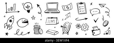 Business money doodle icon set. Hand drawn business money icon calendar with chalk doodle graph arrow finance. Marketing growth goal analytics rocket innovation elements. Vector illustration Stock Vector