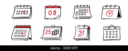 Sketch calendar hand doodle set. Hand drawn sketch calendar doodle with business time red date pencil pen paper. Day week month year deadline journal office management graphic. Vector illustration Stock Vector