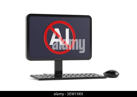 Artificial Intelligence Restriction Concept. Desktop Computer Monitor Displaying A Red Prohibition Symbol Over AI Letters With Keyboard And Mouse On W Stock Photo