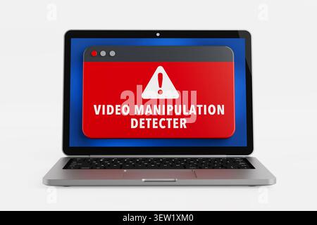 Deepfake Detection And Digital Media Security Concept. Laptop Displaying Red Video Manipulation Warning Panel With Exclamation Symbol On White Backgro Stock Photo
