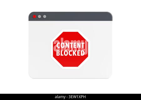 Online Censorship And Access Restriction Concept. Browser Window Displaying Red Content Blocked Stop Sign On Clean White Background. 3d Rendering Stock Photo