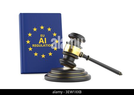 European AI Regulation Concept. Blue EU Law Book With Yellow Stars And Judge Gavel On White Background. 3d Rendering Stock Photo