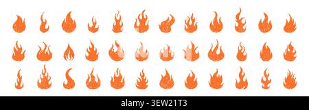 Crayon burning fire. Hand drawn orange flame set. Different vector icons Stock Vector