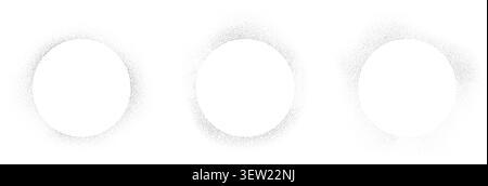 Spray stencil effect circle frame set. Faded dot texture radial shape collection. Stippled grain round border bundle. Rough circular boarder elements for text box, banner, poster, template. Vector Stock Vector