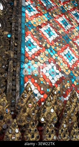 Detailed Colorful Mosaic Tile Pattern Temple Wall With Inlaid Glass Craft Stock Photo
