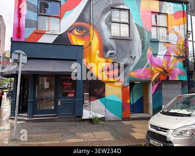 A colorful large-scale portrait mural painted on the brick facade of the Revolution bar located on Oxford Road in Manchester, England. Stock Photo