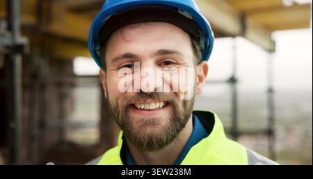 Architect, portrait and man with smile on building site, inspection and confident for career growth. Civil engineer, construction and happy person Stock Photo