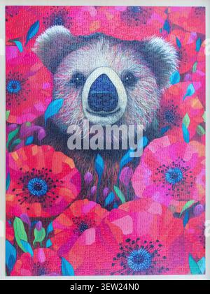 A completed jigsaw puzzle of a whimsical portrait of a koala surrounded by poppy flowers. Stock Photo