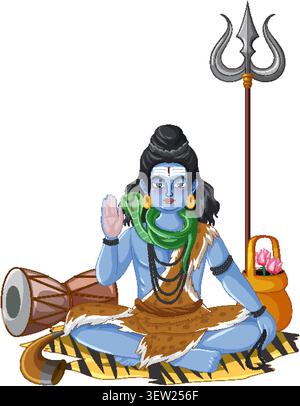 Vector illustration of blue-skinned deity meditating with cobra, trident, drum, and lotus flowers. Stock Vector
