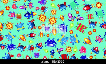 Colorful 8-bit pixel art illustration of alien spacecraft and explosions on blue background. Stock Vector