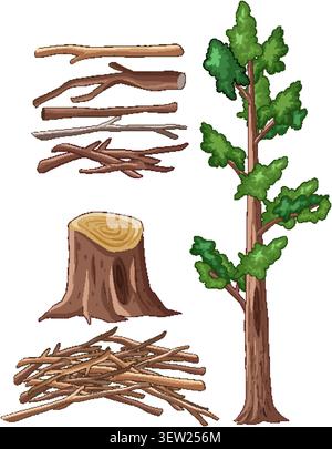 Flat vector graphics of a tall tree, wood stump, and various stick piles isolated. Stock Vector