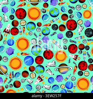 Flat vector illustration of planets, suns, rockets, and satellites on a blue background. Stock Vector