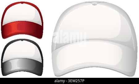 Three blank baseball caps in red, black, and white, clean vector style, front view Stock Vector