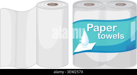 Clean vector illustration of paper towel rolls, clear packaging, flat style, bright colors Stock Vector