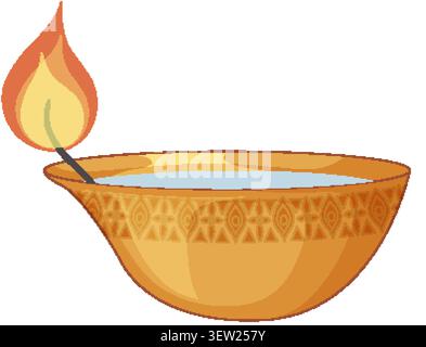 Stylized golden diya lamp with decorative patterns and a bright orange flame on white background. Stock Vector