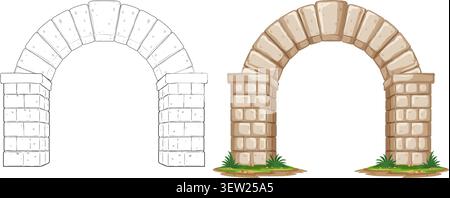 Two versions of a stone archway, one line art and one colored with grass Stock Vector