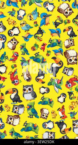 Vibrant seamless pattern with diverse cartoon birds including toucans, owls, and penguins on yellow. Stock Vector