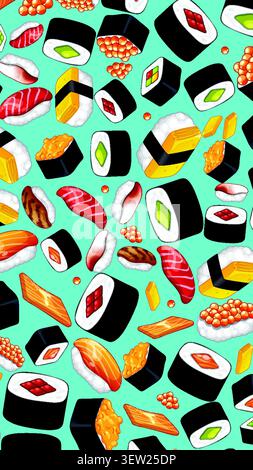 Colorful vector illustration of falling sushi rolls, nigiri, and fish roe on turquoise background. Stock Vector