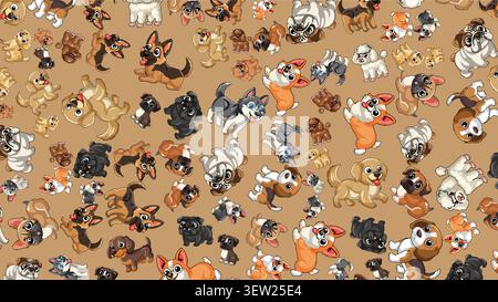 Cute cartoon puppies including huskies and corgis repeat in a playful seamless vector illustration. Stock Vector