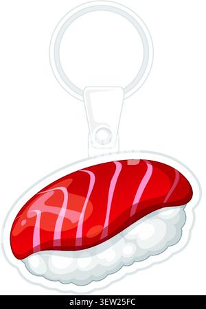 A flat vector illustration of a salmon nigiri sushi keychain with a silver metal ring Stock Vector