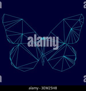 Butterfly low poly triangulation triangulated polygonal electric cyan blue vibrant aqua neon color vector illustration image outline contour line Stock Vector