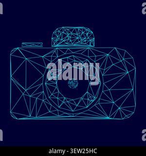 Camera low poly triangulation triangulated polygonal electric cyan blue vibrant aqua neon color vector illustration image outline contour line style Stock Vector