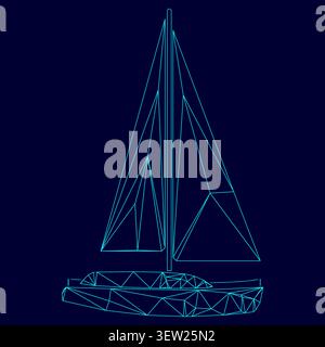 Yacht low poly triangulation triangulated polygonal electric cyan blue vibrant aqua neon color vector illustration image outline contour line style Stock Vector
