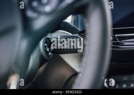 Close-up view of a modern car key with lock, unlock, and trunk buttons Stock Photo