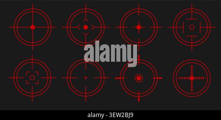 Collection of red futuristic crosshair reticles. Digital aim and target icons for shooter game UI, weapon scope graphics, military HUD systems, and Stock Vector