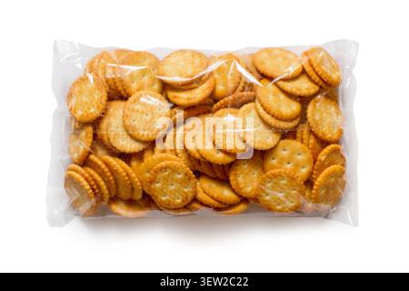 Large package of round biscuits on a white background. Clear Plastic Biscuit Packaging Stock Photo