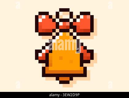 Pixel art yellow Christmas Jingle Bells with red bow. Stock Vector