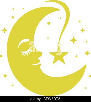 Flat illustration of a golden crescent moon with a sleeping face hanging star and small sparkle details Stock Vector