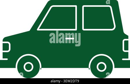 Flat illustration of a dark green compact car in side view with windows wheels and simple body lines Stock Vector